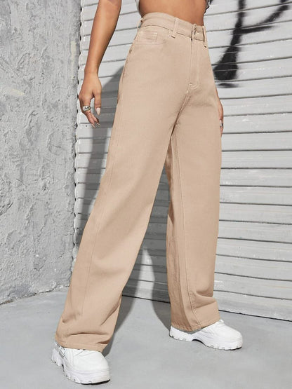 Cream Denim Wide Leg Jeans