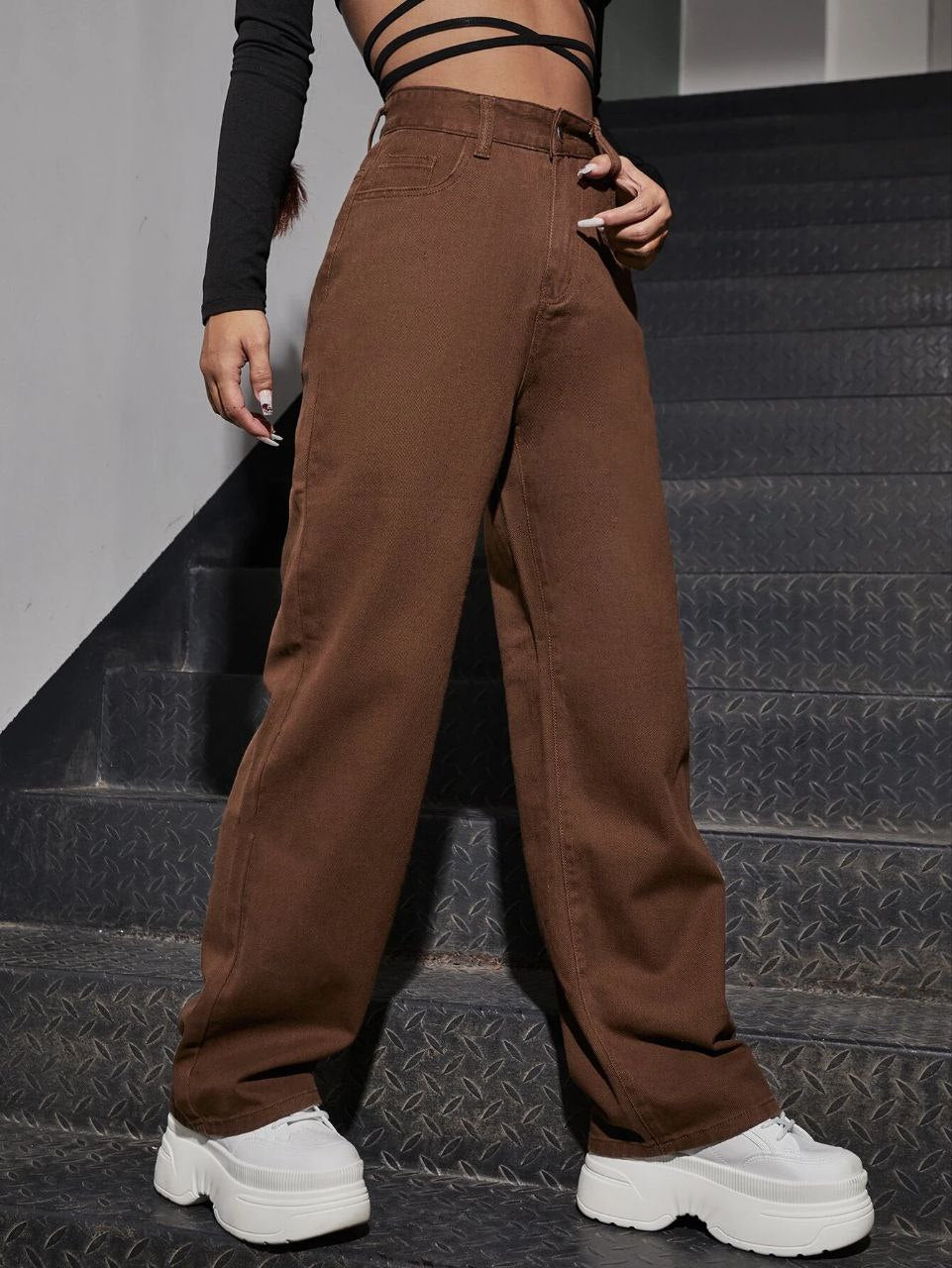 Brown Denim Wide Leg Jeans