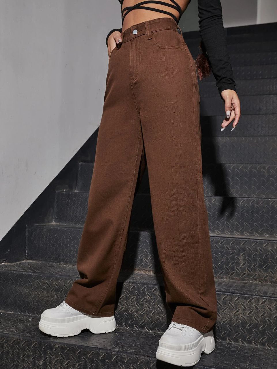 Brown Denim Wide Leg Jeans