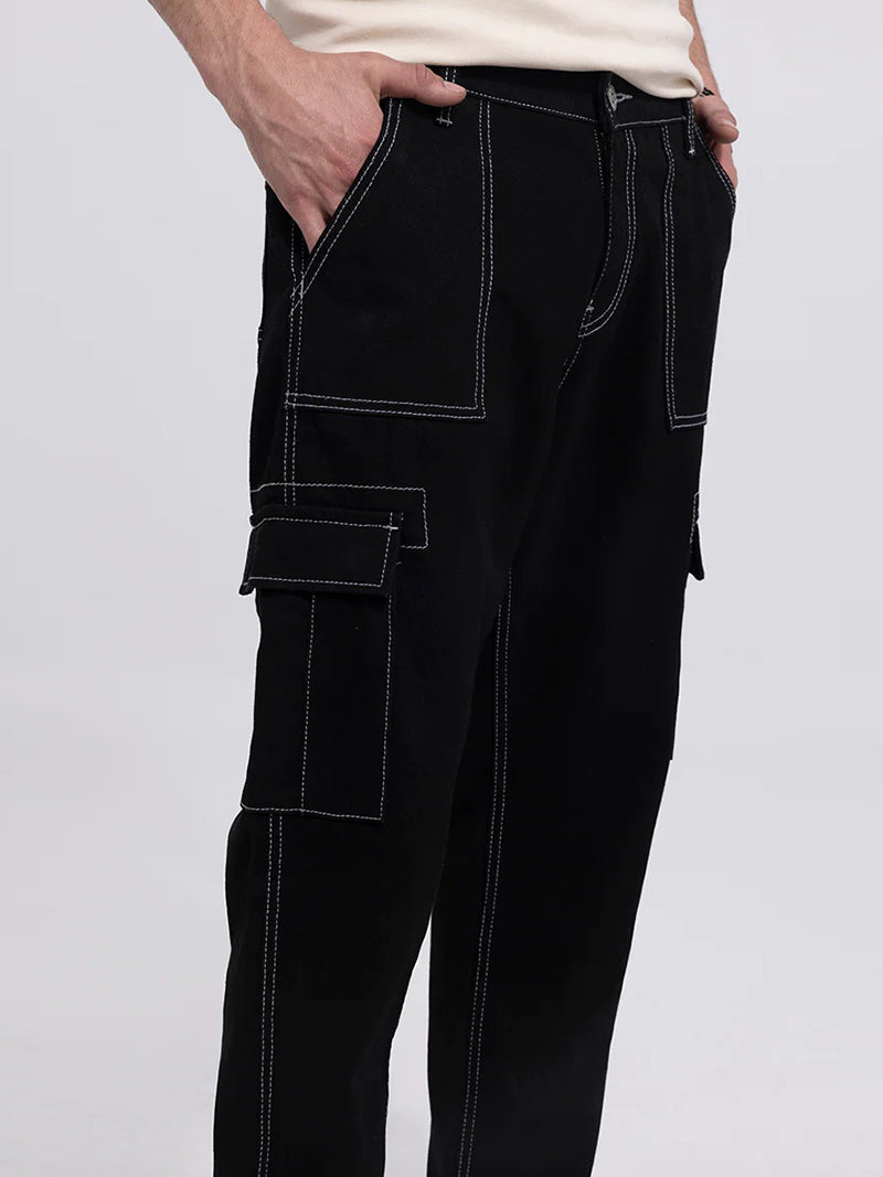 Black Denim Six Pocket Cargo Baggy Pant