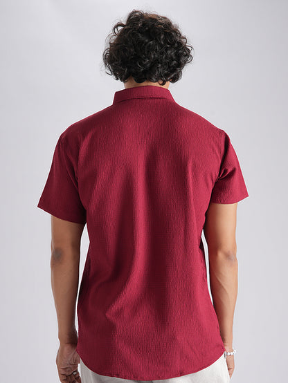 Dark Maroon Seersucker Half Sleeve Shirt