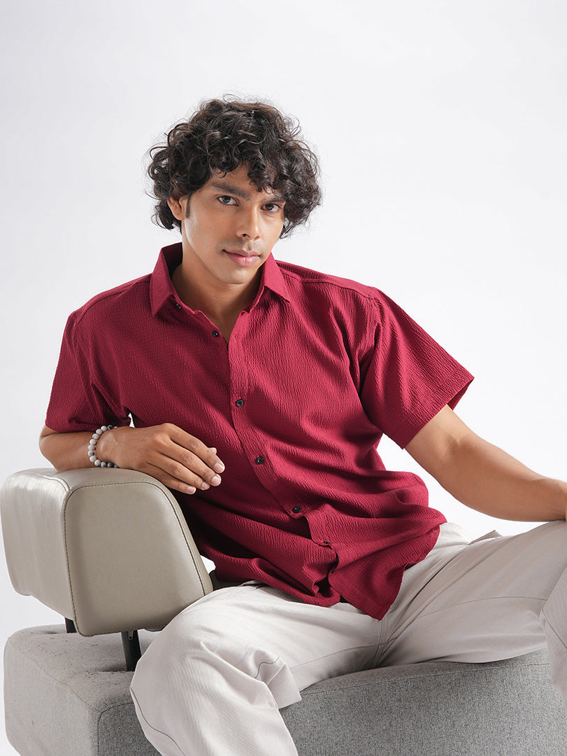 Dark Maroon Seersucker Half Sleeve Shirt