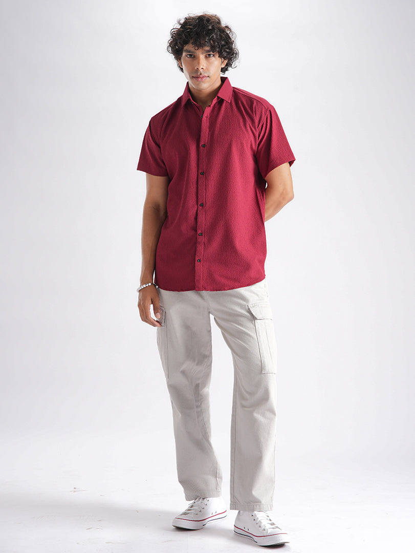 Dark Maroon Seersucker Half Sleeve Shirt