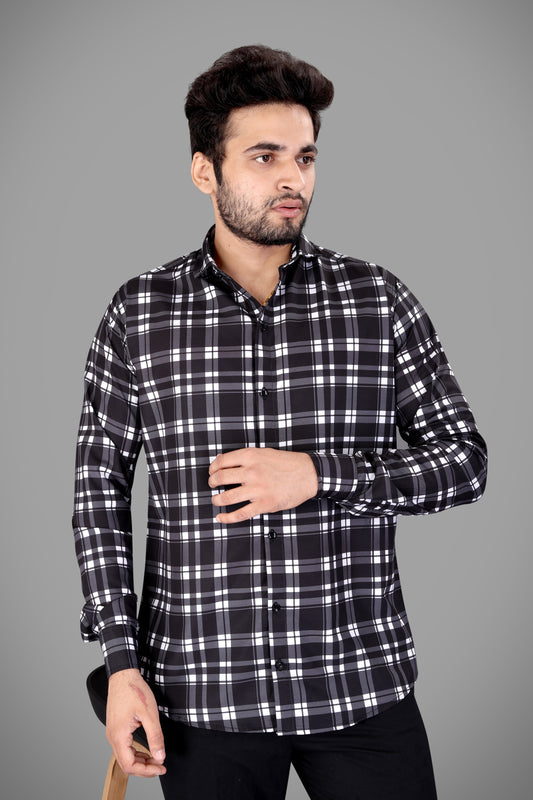 Black Cotton Blend Checks Print Casual Shirt