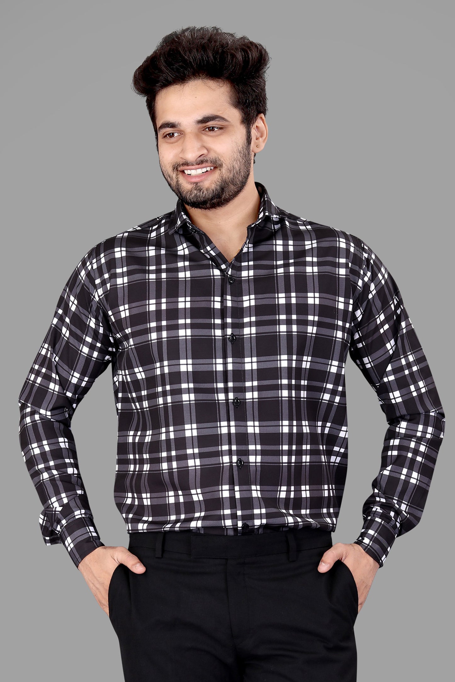 Black Cotton Blend Checks Print Casual Shirt