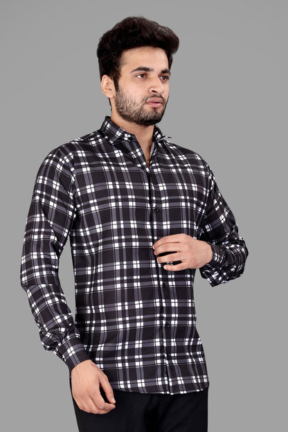 Black Cotton Blend Checks Print Casual Shirt