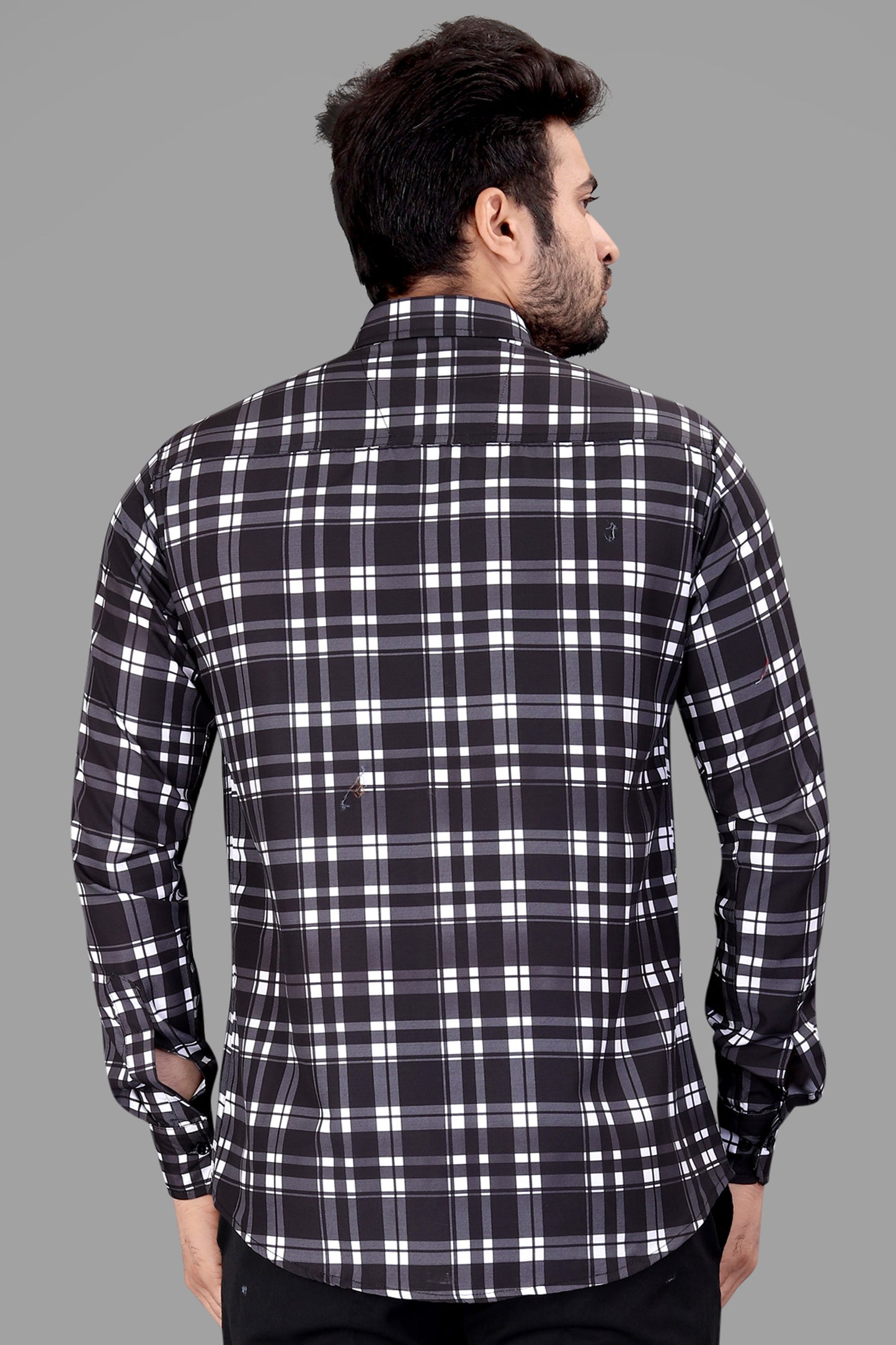 Black Cotton Blend Checks Print Casual Shirt