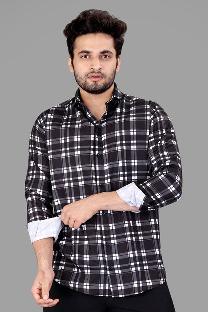 Black Cotton Blend Checks Print Casual Shirt