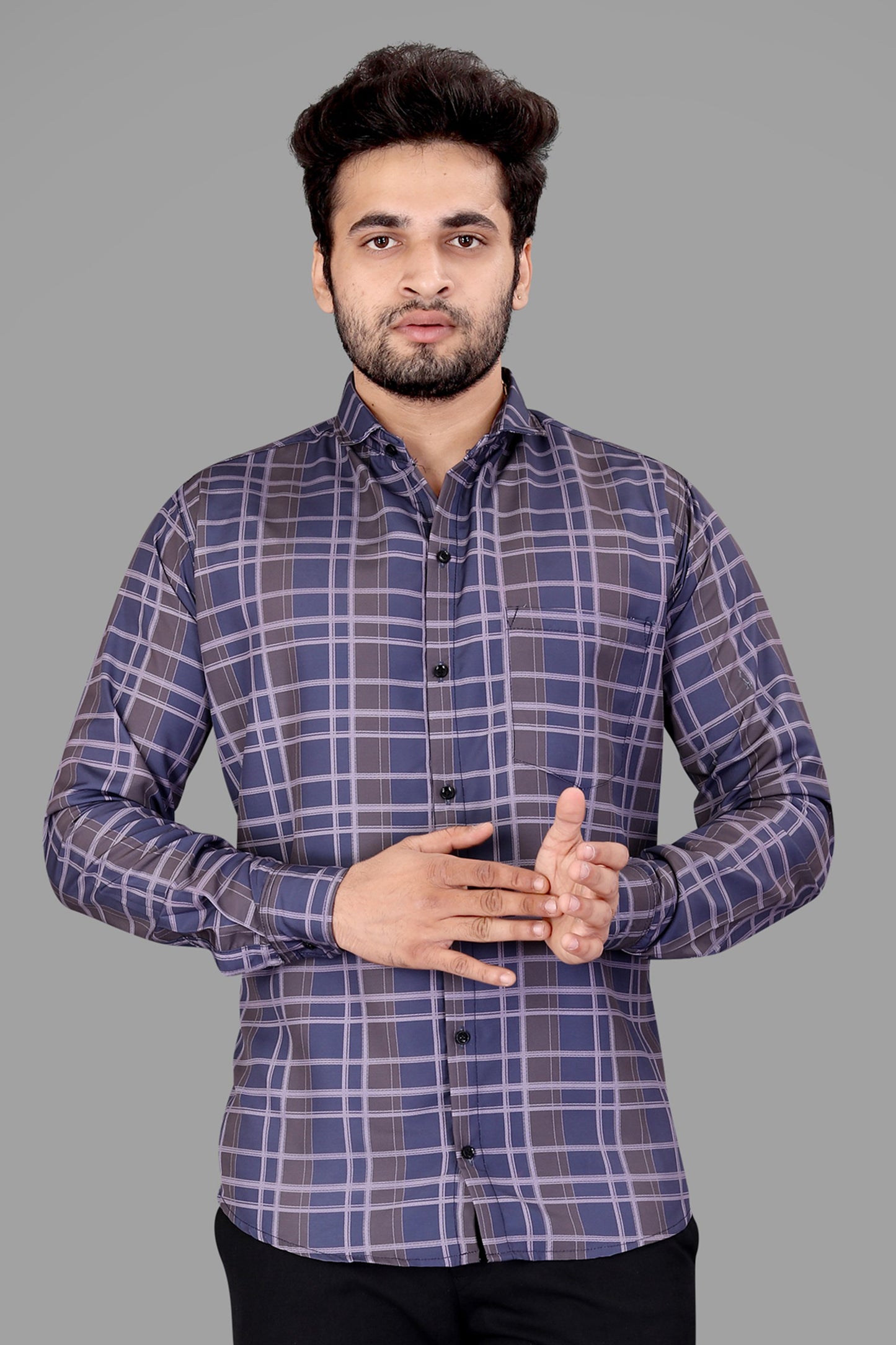 Blue and Brown Cotton Blend Checks Print Casual Shirt