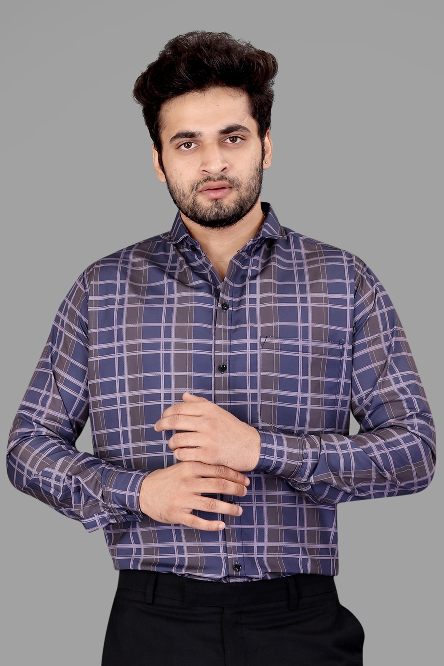 Blue and Brown Cotton Blend Checks Print Casual Shirt