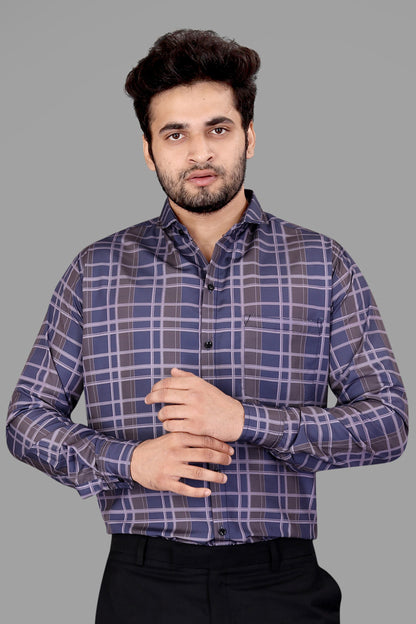 Blue and Brown Cotton Blend Checks Print Casual Shirt