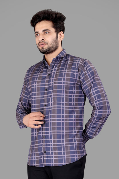 Blue and Brown Cotton Blend Checks Print Casual Shirt