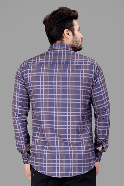 Blue and Brown Cotton Blend Checks Print Casual Shirt