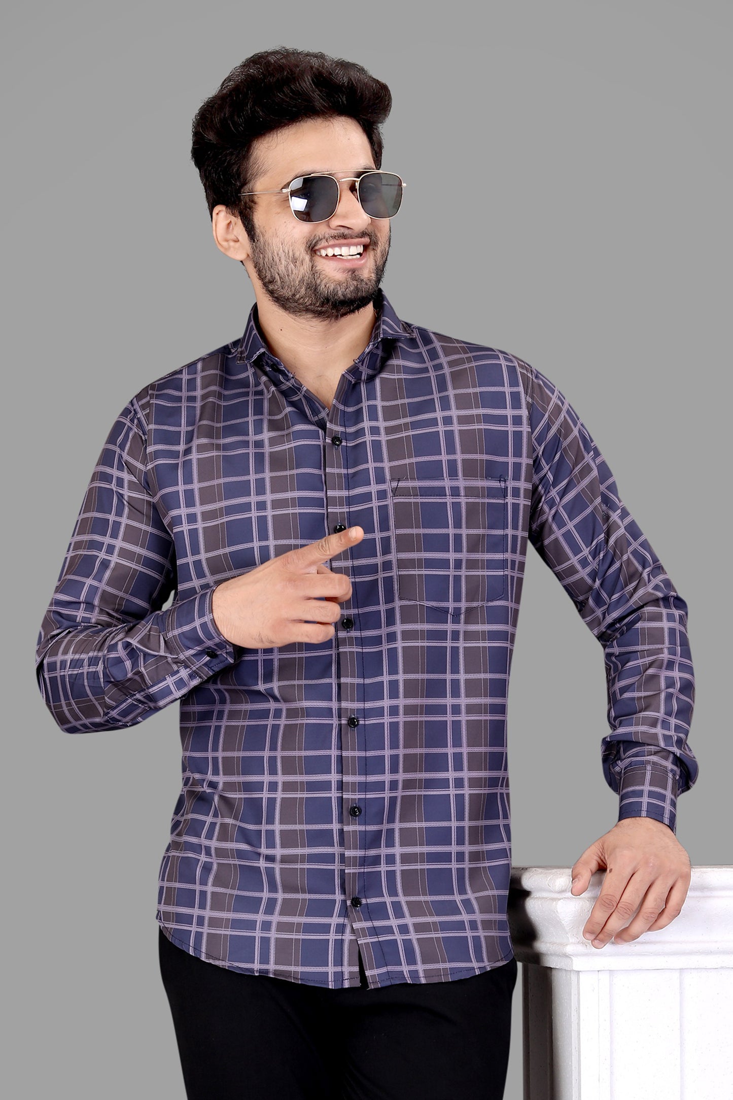 Blue and Brown Cotton Blend Checks Print Casual Shirt