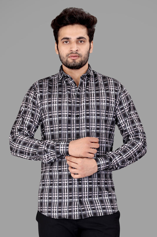 Black and Cream Cotton Blend Checks Print Casual Shirt