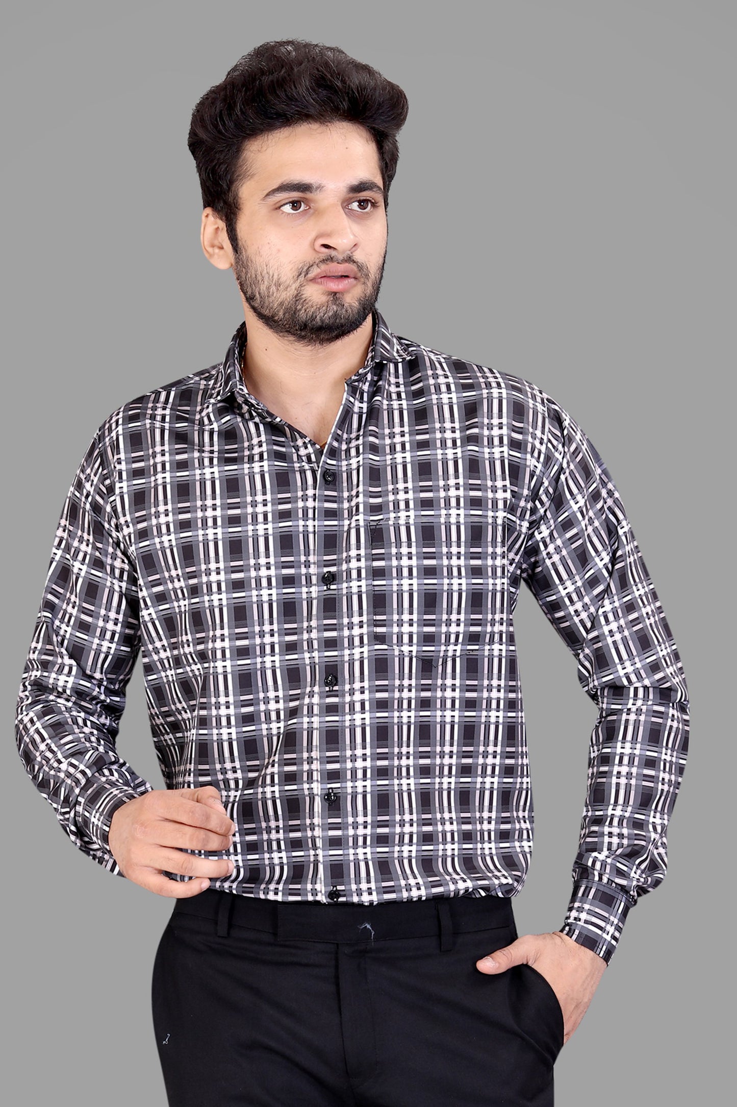 Black and Cream Cotton Blend Checks Print Casual Shirt