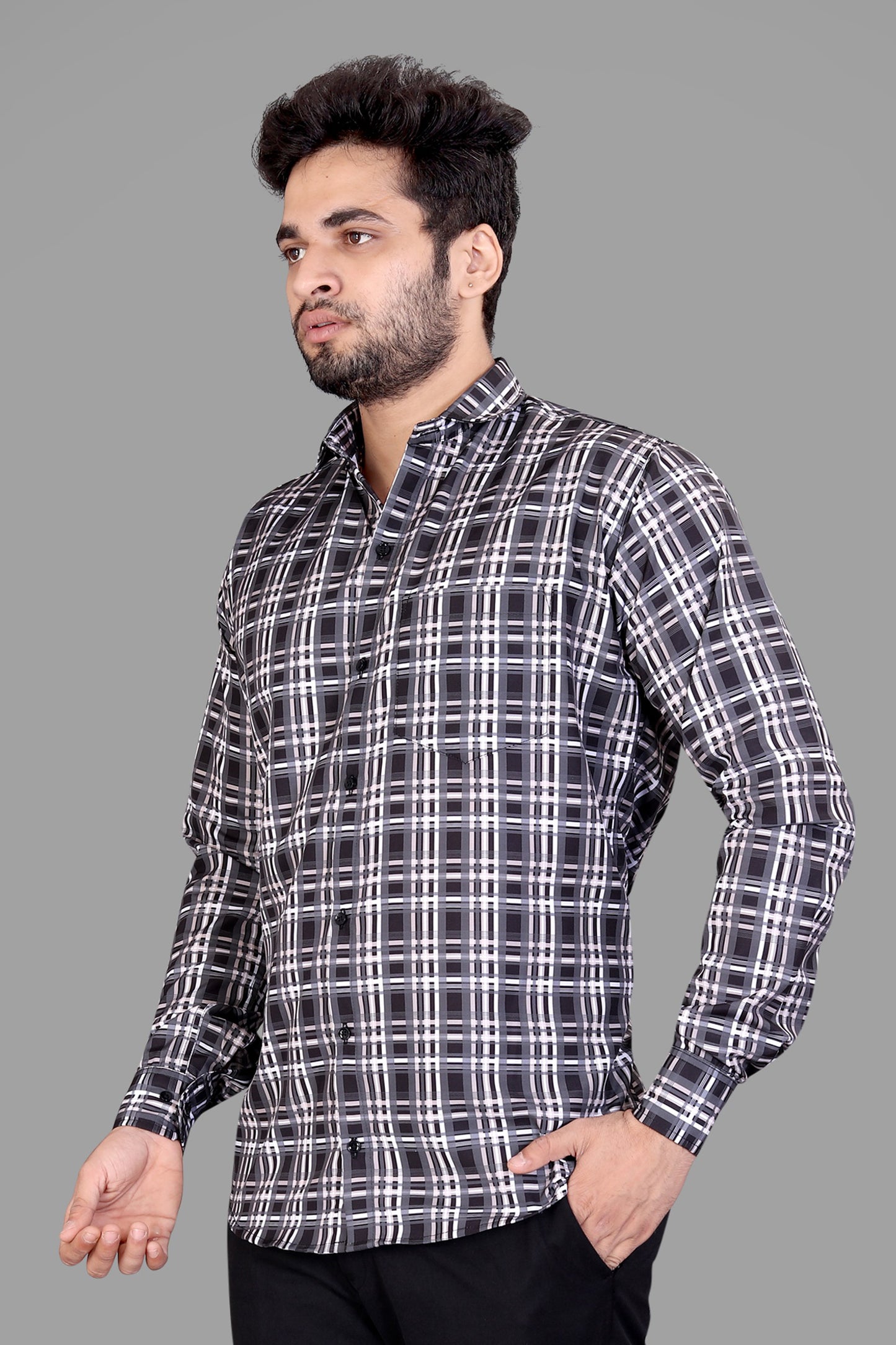 Black and Cream Cotton Blend Checks Print Casual Shirt