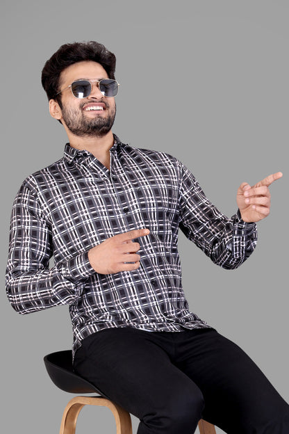 Black and Cream Cotton Blend Checks Print Casual Shirt