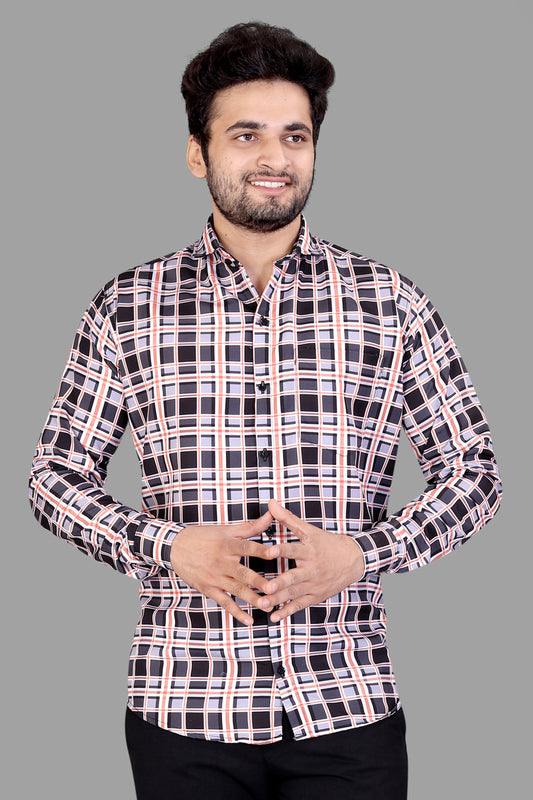 Black and Orange Cotton Blend Checks Print Casual Shirt