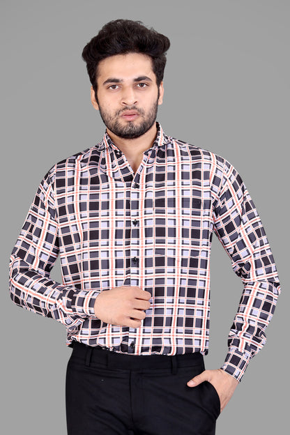 Black and Orange Cotton Blend Checks Print Casual Shirt