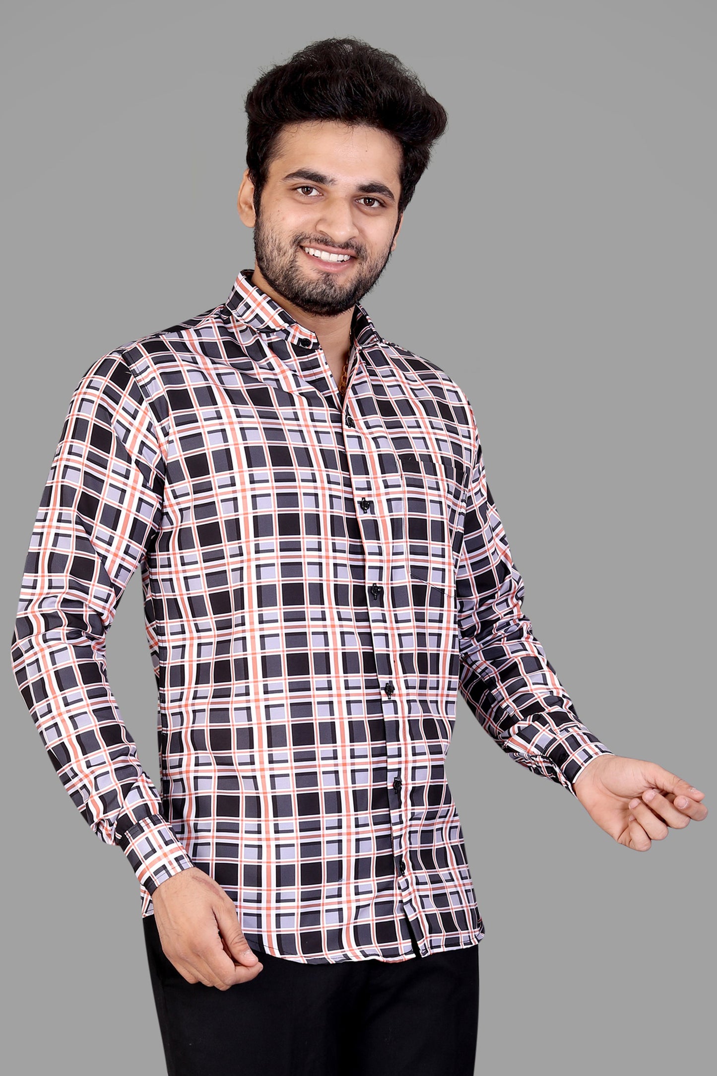 Black and Orange Cotton Blend Checks Print Casual Shirt