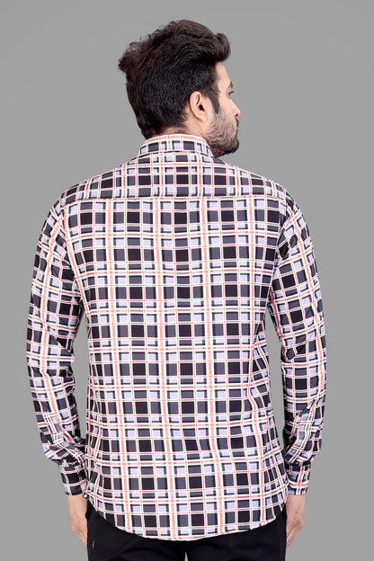 Black and Orange Cotton Blend Checks Print Casual Shirt