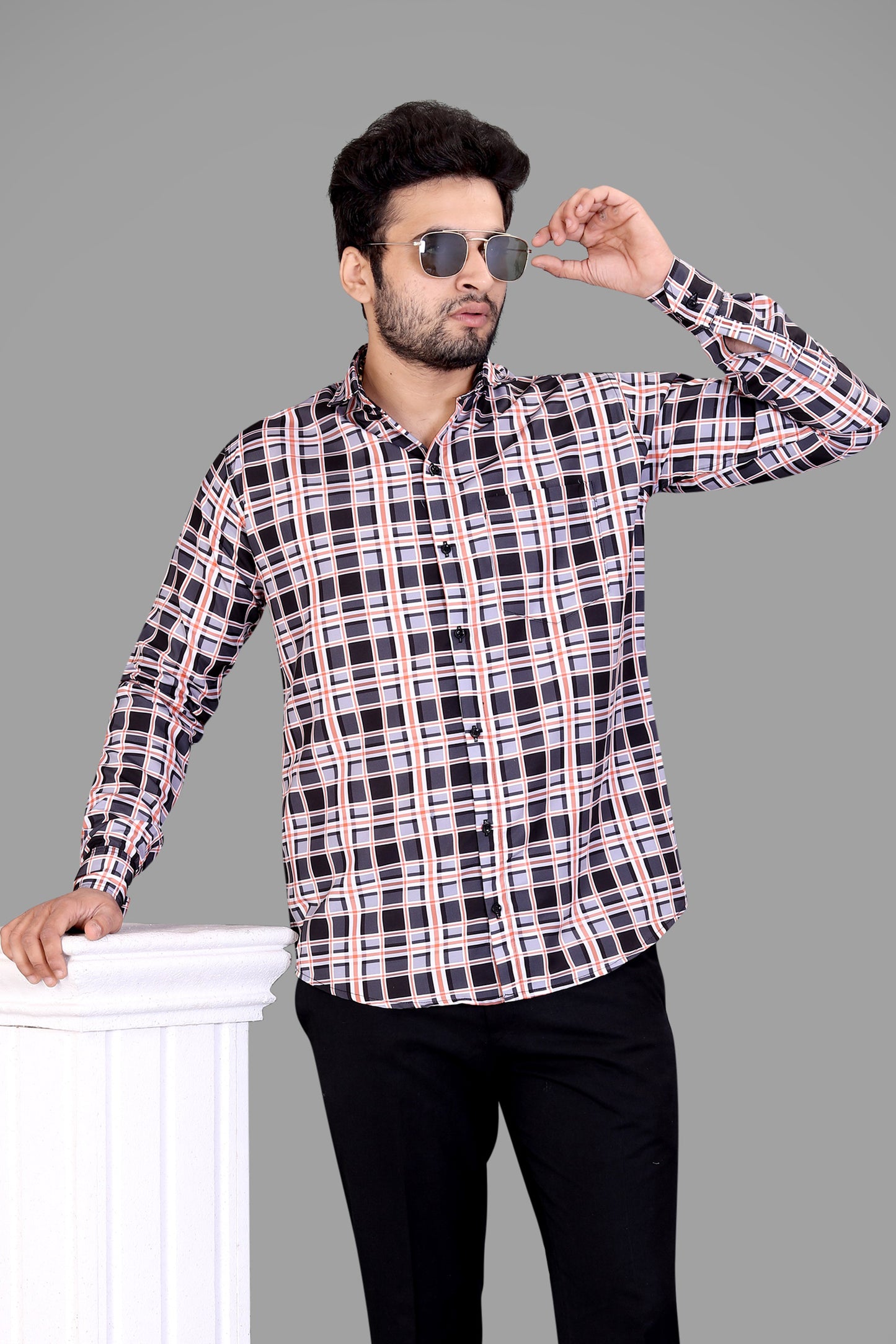 Black and Orange Cotton Blend Checks Print Casual Shirt