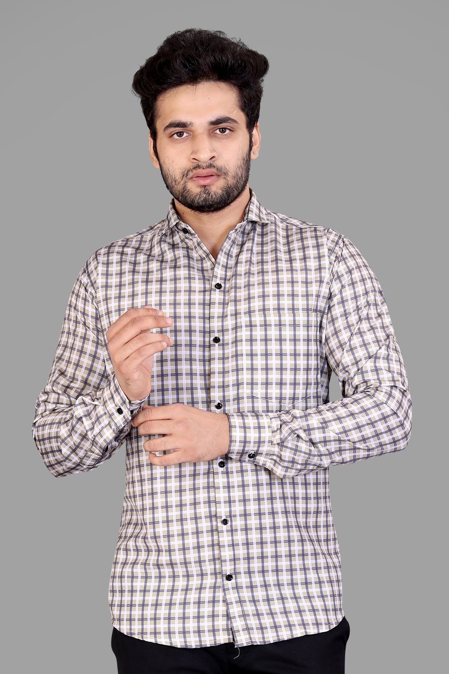 Cream Cotton Blend Checks Print Casual Shirt