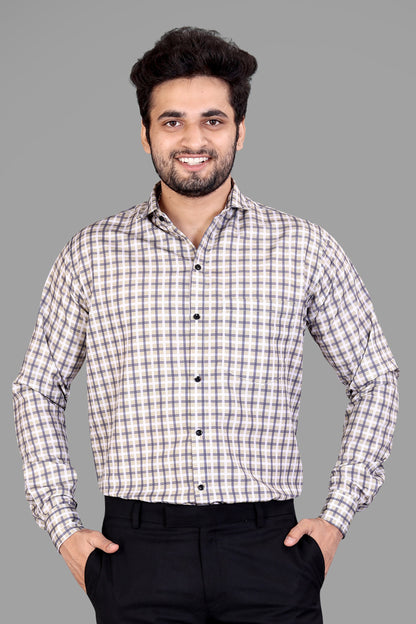 Cream Cotton Blend Checks Print Casual Shirt