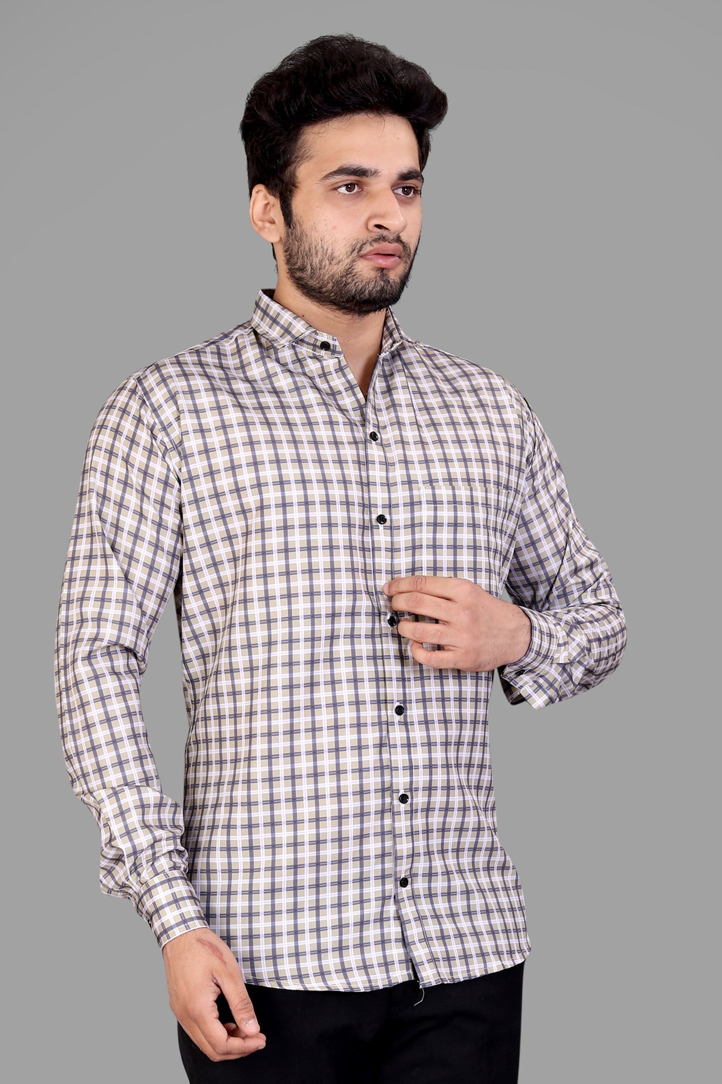 Cream Cotton Blend Checks Print Casual Shirt