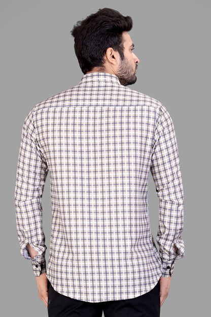 Cream Cotton Blend Checks Print Casual Shirt