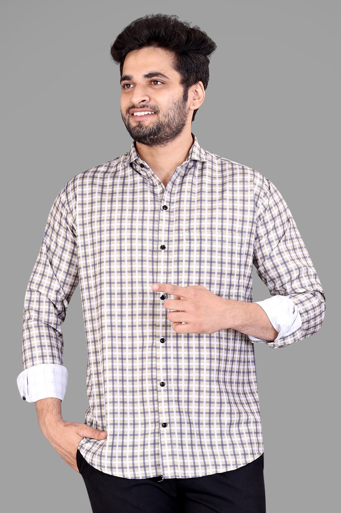 Cream Cotton Blend Checks Print Casual Shirt