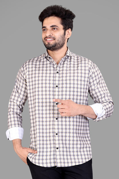 Cream Cotton Blend Checks Print Casual Shirt