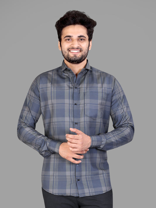 Grey Cotton Blend Checks Print Casual Shirt