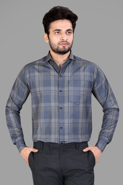 Grey Cotton Blend Checks Print Casual Shirt