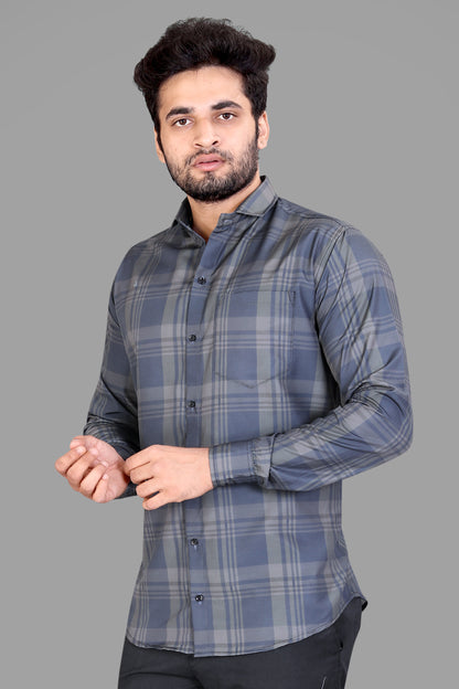 Grey Cotton Blend Checks Print Casual Shirt