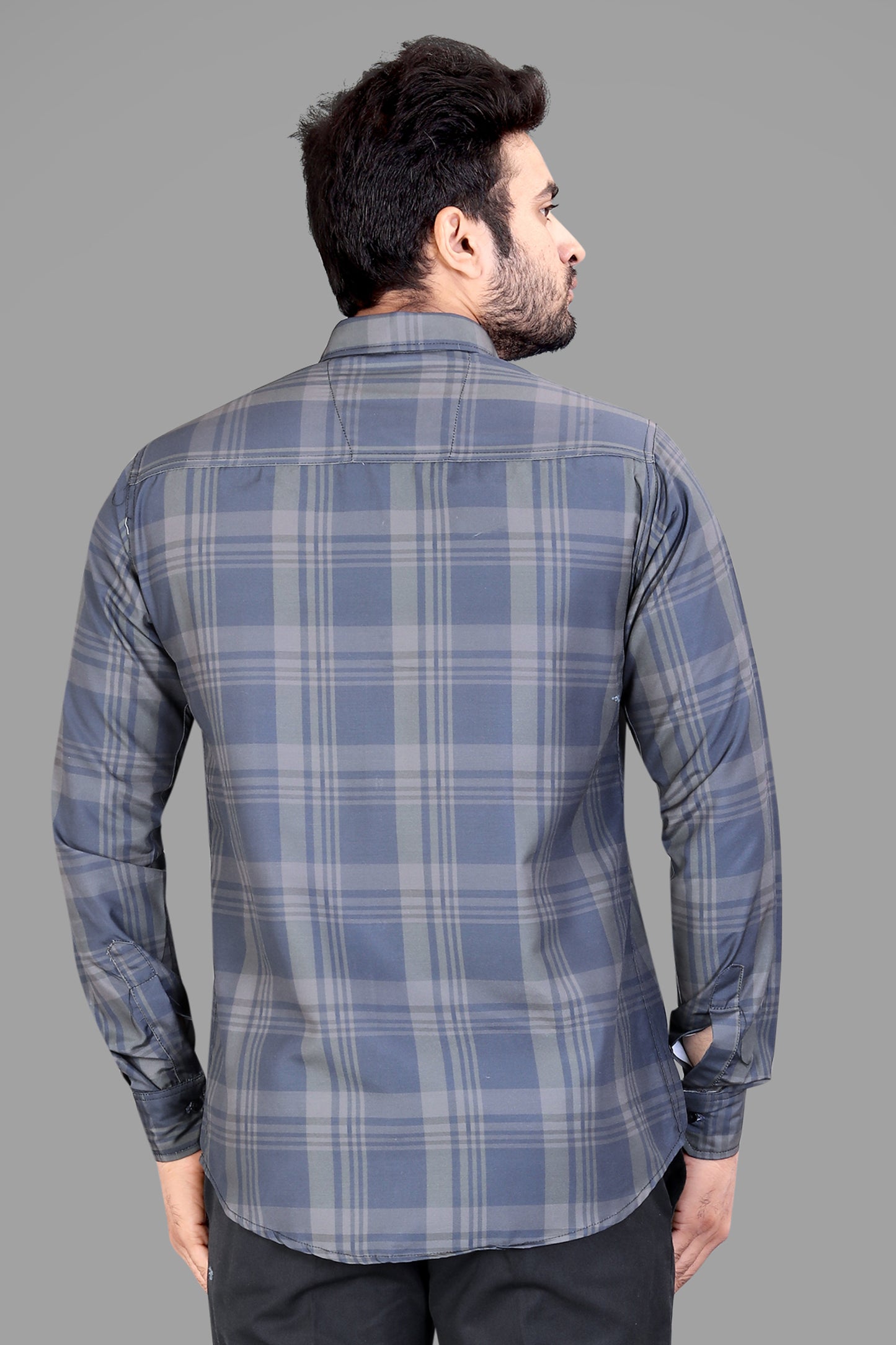 Grey Cotton Blend Checks Print Casual Shirt