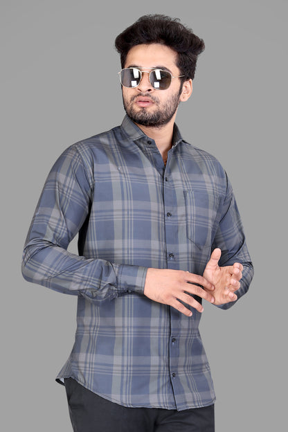 Grey Cotton Blend Checks Print Casual Shirt