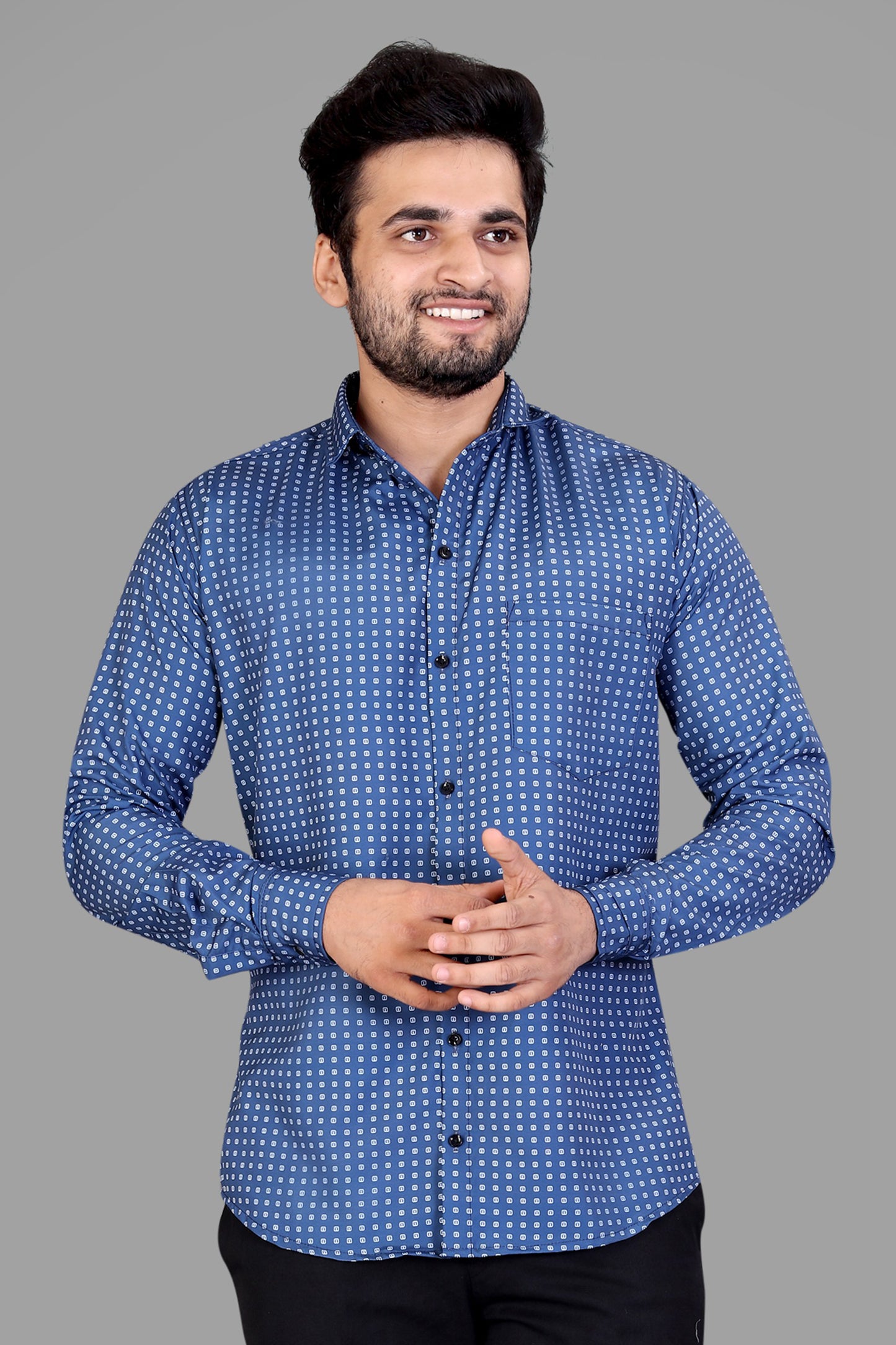 Royal Blue Cotton Blend Checks Print Casual Shirt