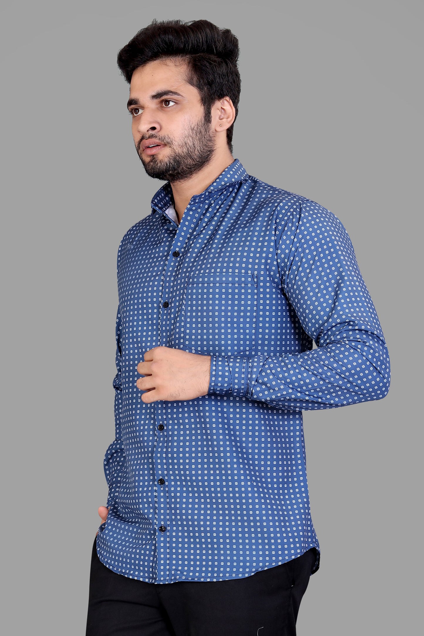 Royal Blue Cotton Blend Checks Print Casual Shirt