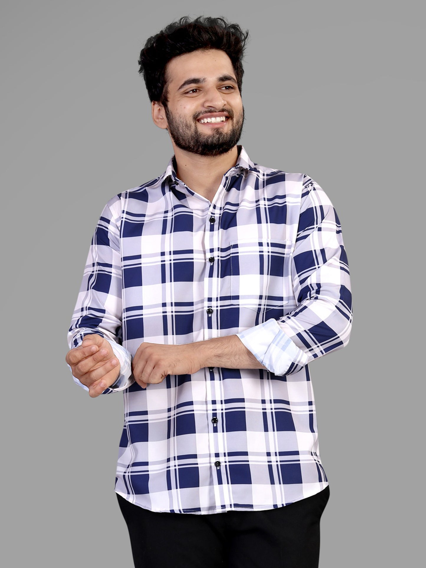 Navy Blue and White Cotton Blend Checks Print Casual Shirt