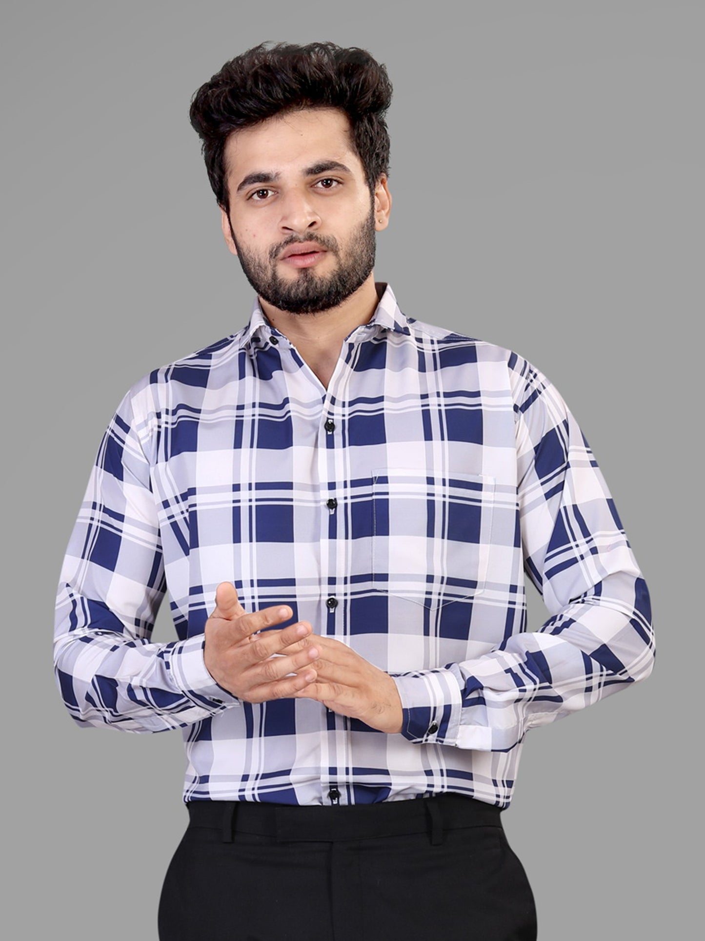 Navy Blue and White Cotton Blend Checks Print Casual Shirt