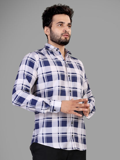 Navy Blue and White Cotton Blend Checks Print Casual Shirt