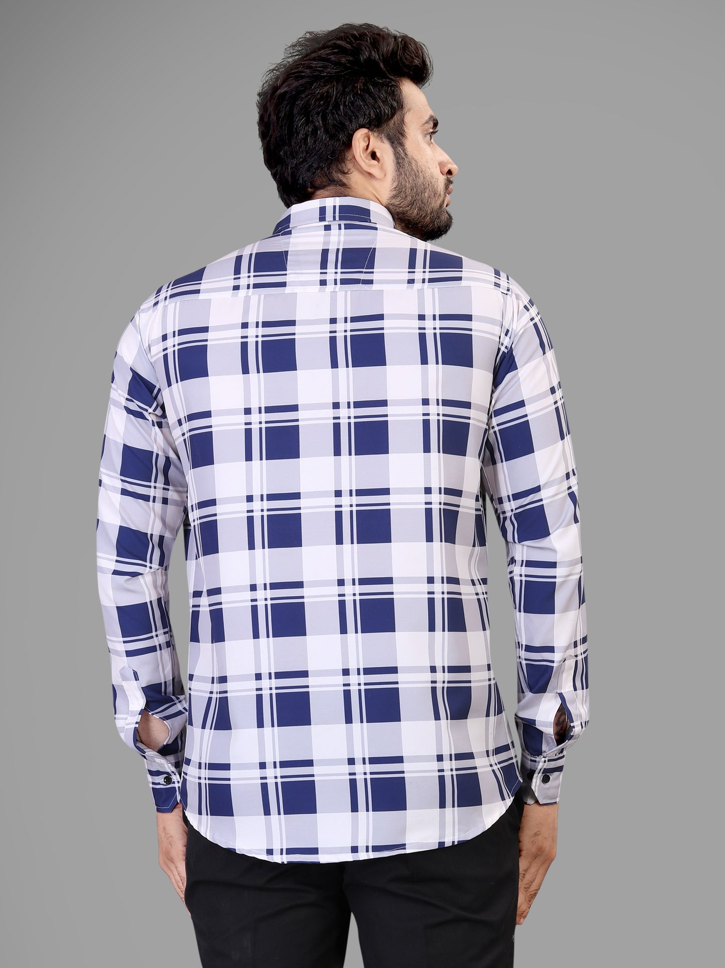 Navy Blue and White Cotton Blend Checks Print Casual Shirt