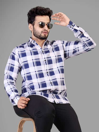 Navy Blue and White Cotton Blend Checks Print Casual Shirt