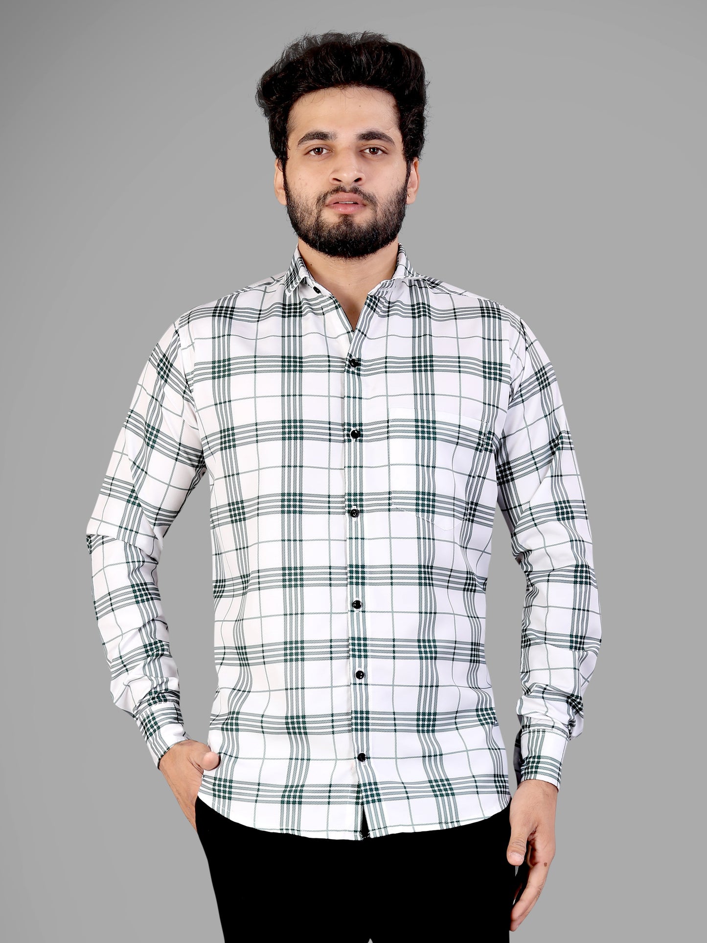 White and Green Cotton Blend Checks Print Casual Shirt