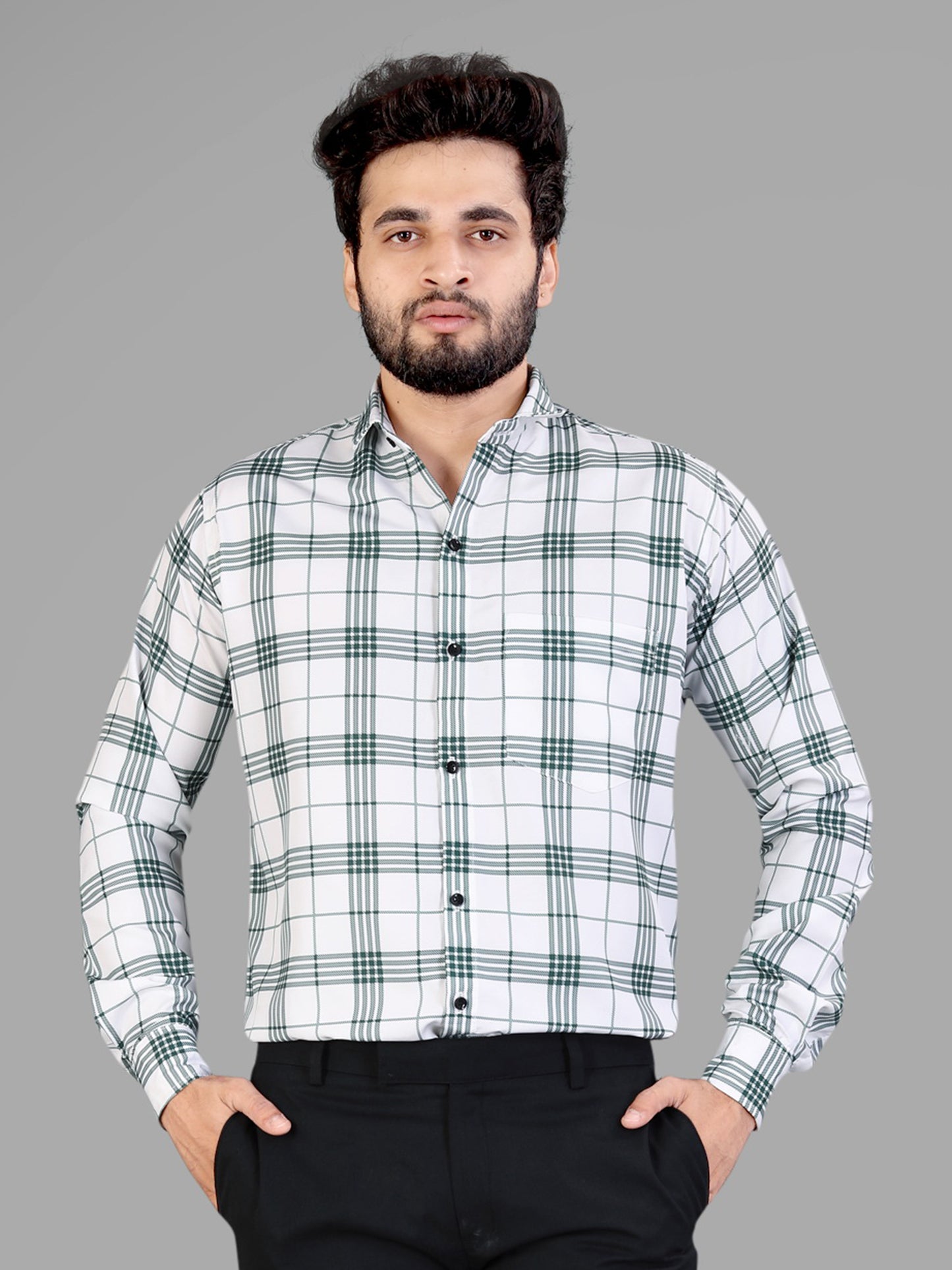 White and Green Cotton Blend Checks Print Casual Shirt