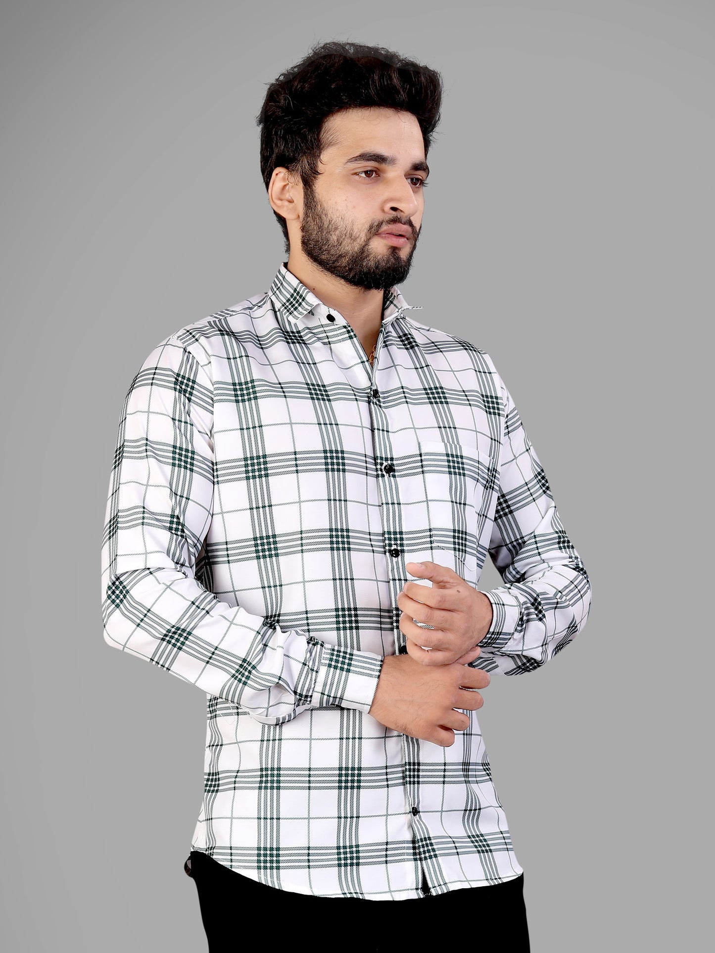 White and Green Cotton Blend Checks Print Casual Shirt