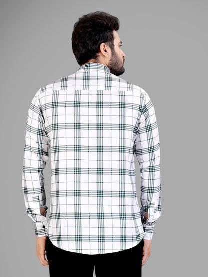 White and Green Cotton Blend Checks Print Casual Shirt