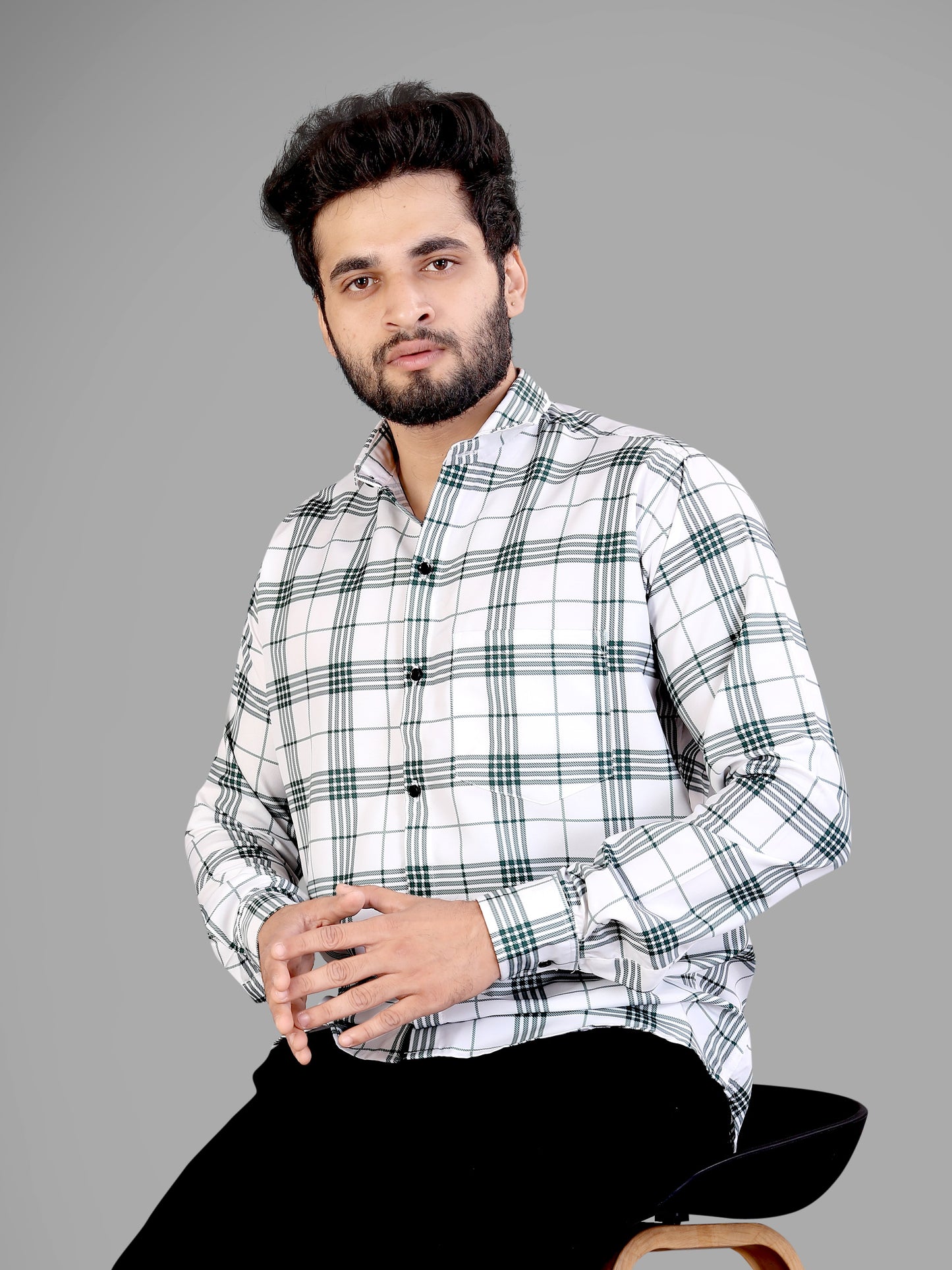 White and Green Cotton Blend Checks Print Casual Shirt